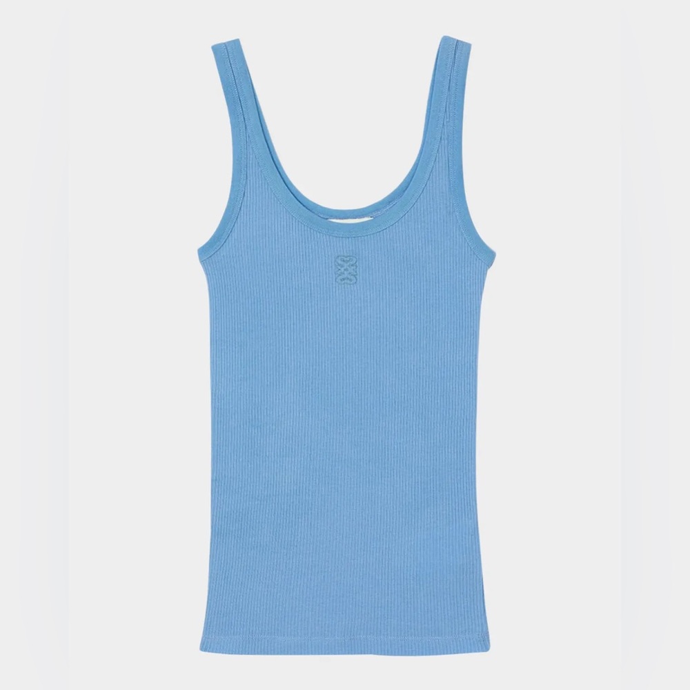 Sandro Blue Ribbed Tank Top With Logo Size Large Designer